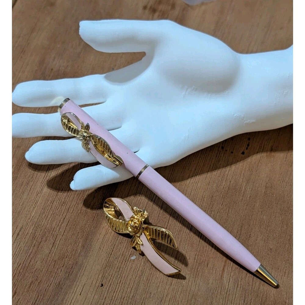 Vintage Avon Breast Cancer Ribbon Pin Pen Set Pink Enamel Gold Rose 90s